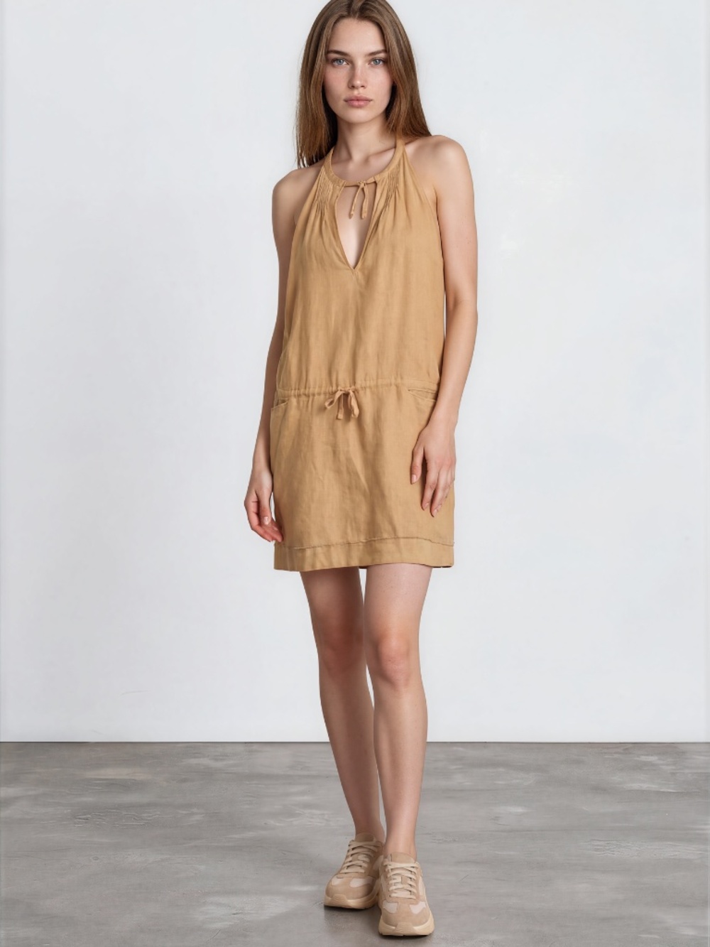 BIASA BEIGE 100% LINEN HALTER RESORT-BALI LUXURY DRESS-SIZE L